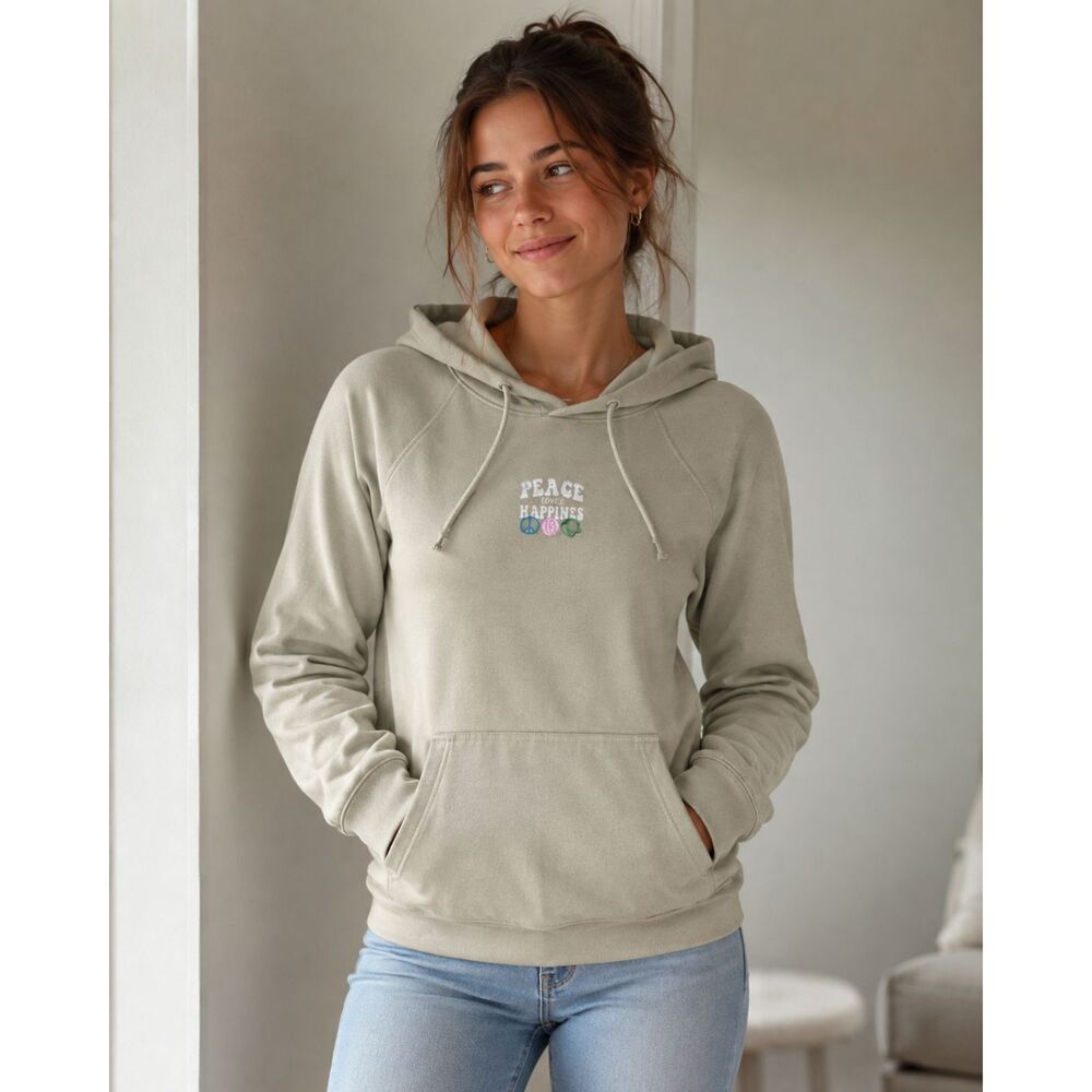 Peace Love Happiness Beige Hoodie M Earthy Cozy Fleece Sustainable Materials